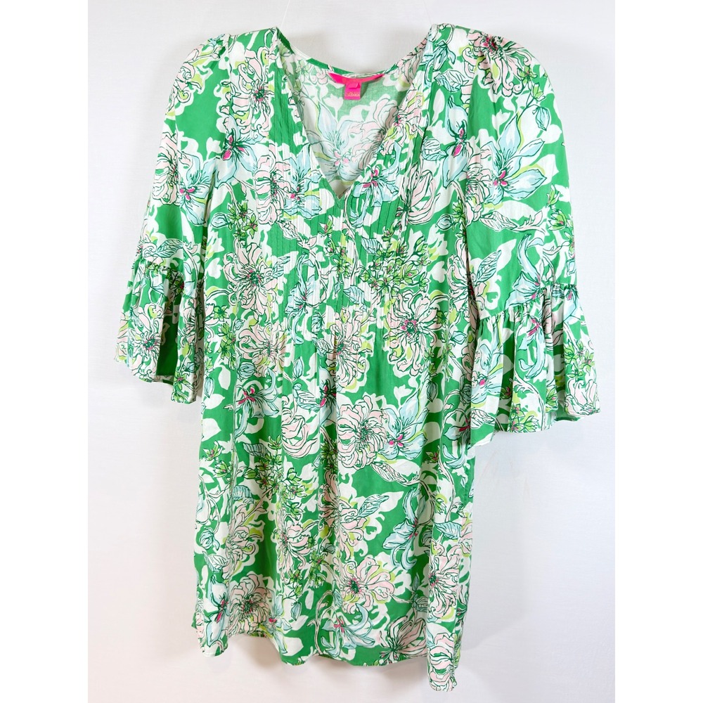 Lilly Pulitzer Green Floral V-Neck Bell Sleeve Rayon Shift Dress 4 Style 014891